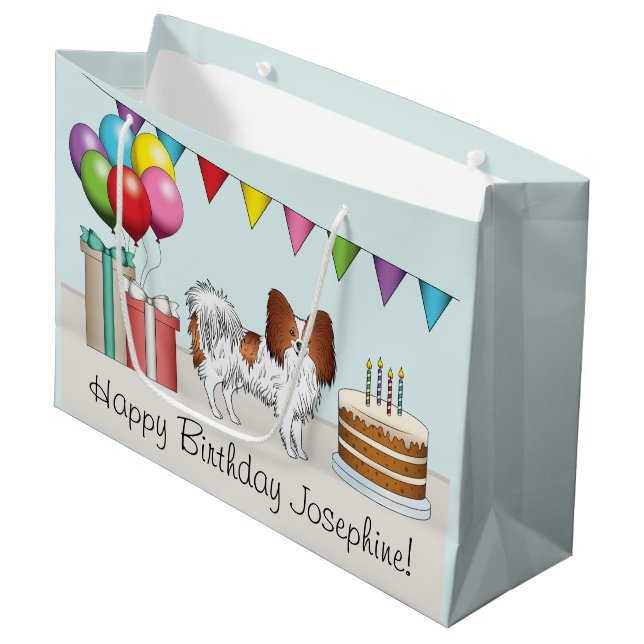 Red And White Papillon Dog Colourful Birthday Large Gift Bag (Front Angled)