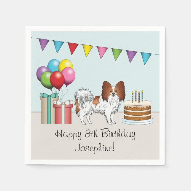 Red And White Papillon Dog Colourful Birthday Napkin (Front)