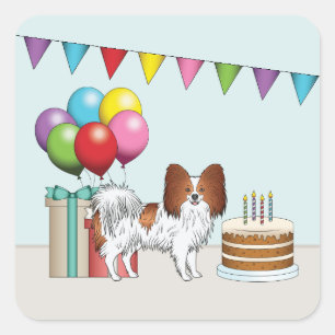Red And White Papillon Dog Colourful Birthday Square Sticker