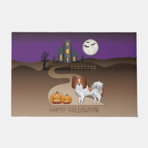 Red And White Papillon & Halloween Haunted House Doormat