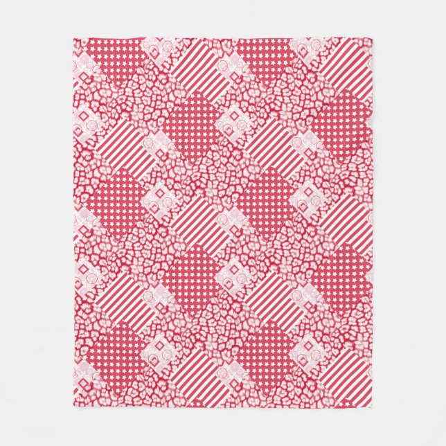  Red and white patchwork rustic Fleece Blanket (Front)