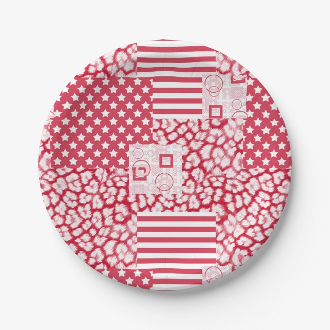  Red and white patchwork rustic Paper Plate (Front)