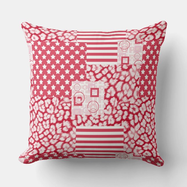  Red and white patchwork rustic Throw Pillow (Front)