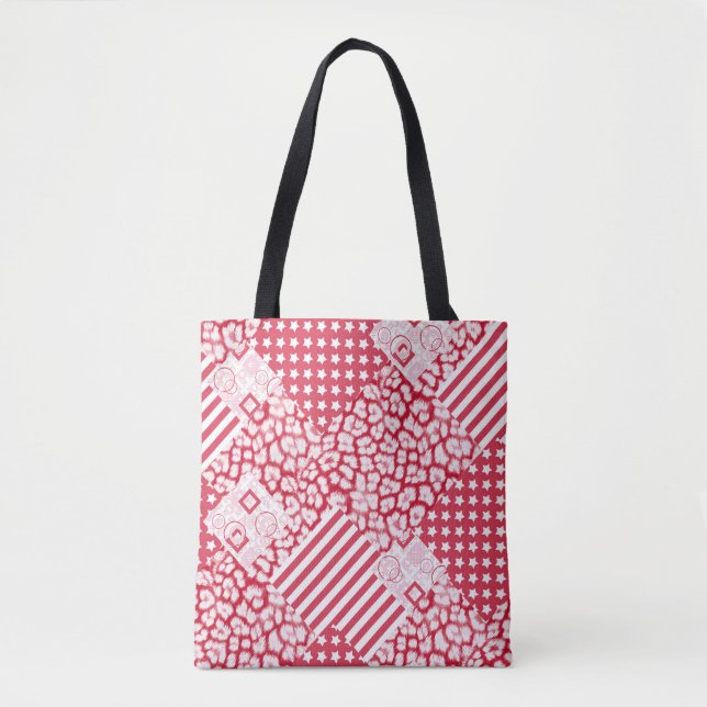  Red and white patchwork rustic Tote Bag (Front)