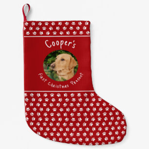 Red and White Paw Prints Custom Dog Small Christmas Stocking