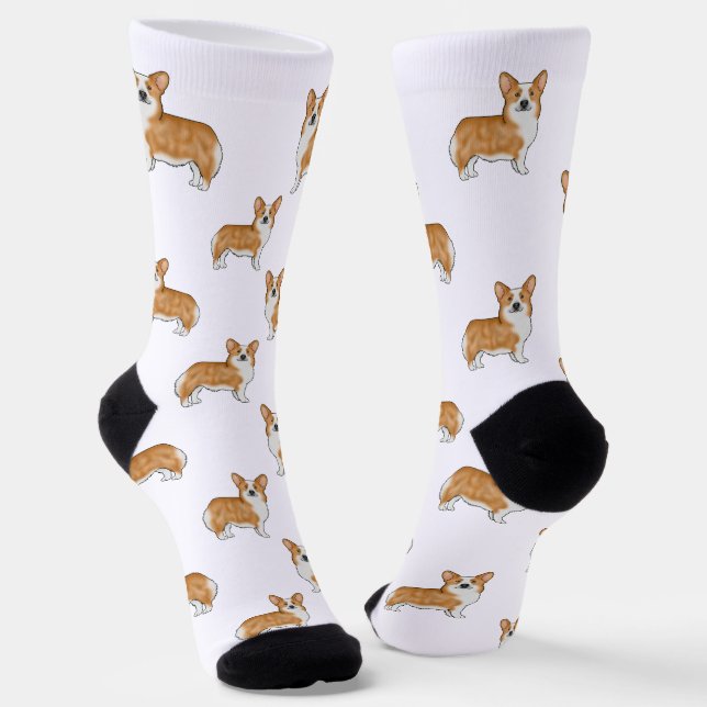 Red and White Pembroke Welsh Corgi Dog Art Pattern Socks (Angled)