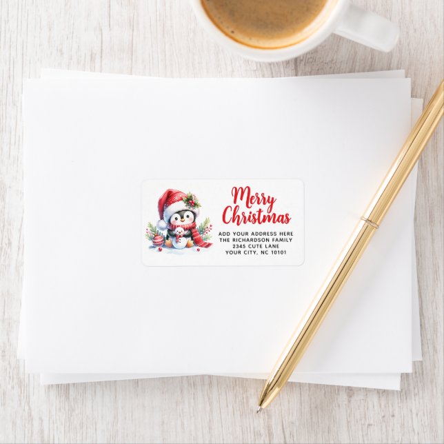 Red and White Penguin Personalized Christmas Label (Insitu)