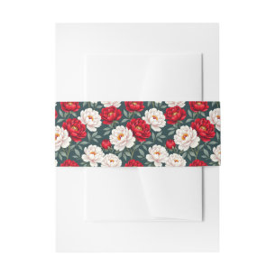 Red and white peony flowers invitation belly band