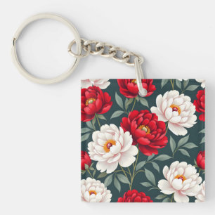 Red and white peony flowers keychain