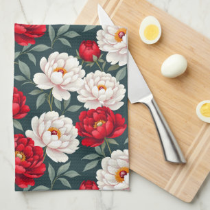 Red and white peony flowers kitchen towel