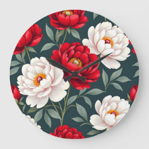 Red and white peony flowers large clock