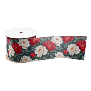 Red and white peony flowers  satin ribbon
