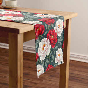 Red and white peony flowers short table runner