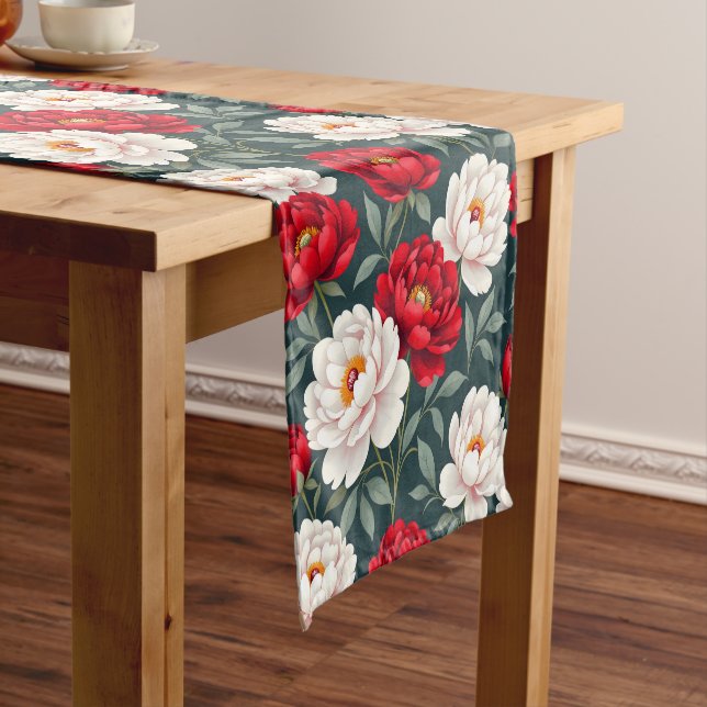 Red and white peony flowers  short table runner (In Situ)