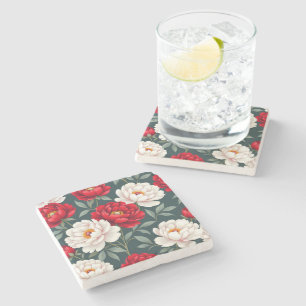 Red and white peony flowers  stone coaster