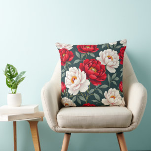 Red and white peony flowers  throw pillow
