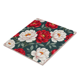 Red and white peony flowers  tile