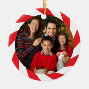 Red and White Peppermint Swirl Photo Ceramic Ornament