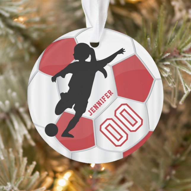 Red and White Personalize Girl Soccer Player Ornament (Tree)