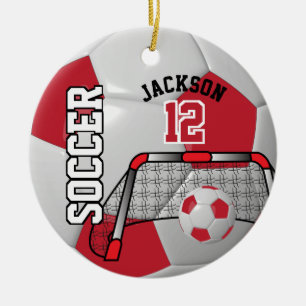 ⚽ Red and White Personalize Soccer Ball Ceramic Ornament