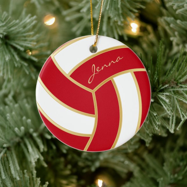 Red and White Personalize Volleyball Ceramic Ornament (Tree)