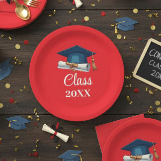 Red and White Personalized Class Graduation Paper  Plate