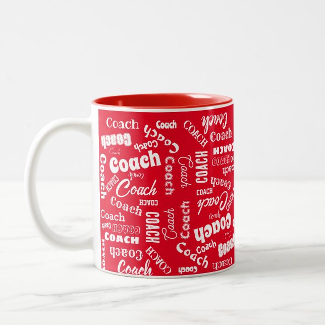 Red and White Personalized Coach Gift Name Art Two-Tone Coffee Mug (Left)