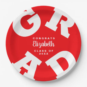 Red and White Personalized Graduation Paper Plate