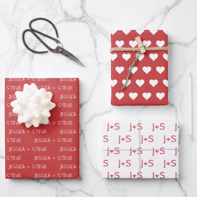 Red and White Personalized Name and Initials Wrapping Paper Sheet (Front)