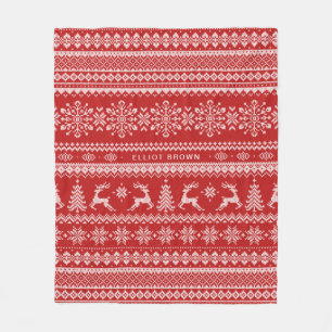 Red And White Personalized Name Christmas Sweater Fleece Blanket
