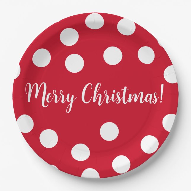 Red and white personalized Polka Dots Christmas Paper Plate (Front)