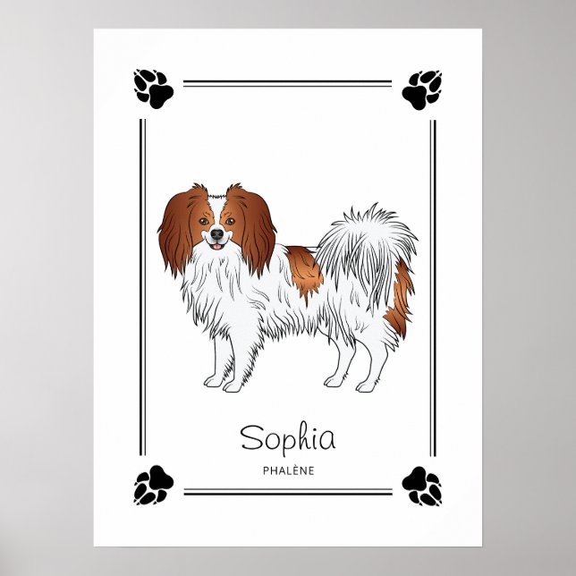 Red And White Phalène And Personalized Dog Name Poster (Front)