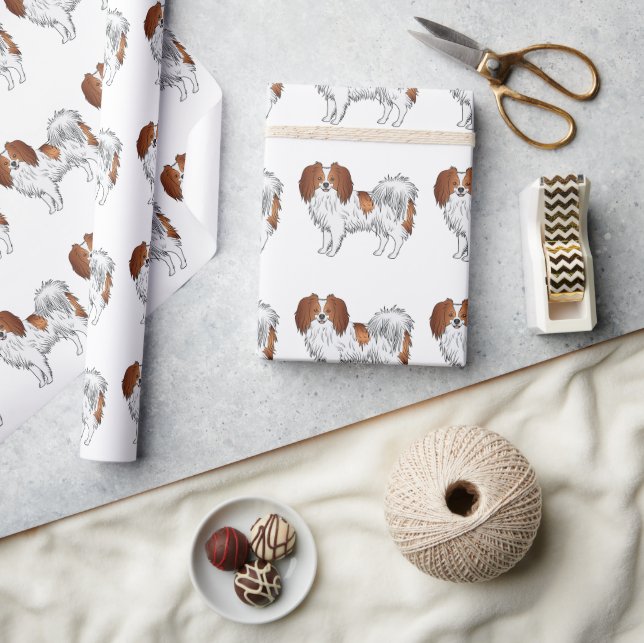 Red And White Phalène Toy Breed Dog Pattern Wrapping Paper (Crafts)