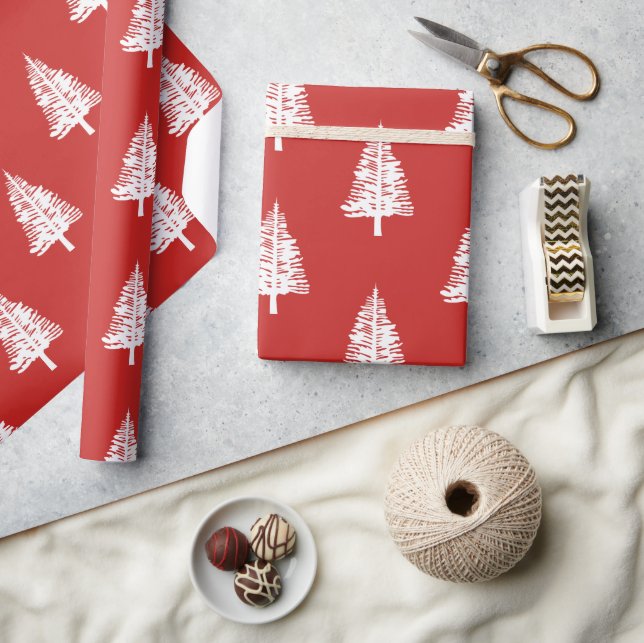 Red and White Pine Trees Christmas Wrapping Paper (Crafts)