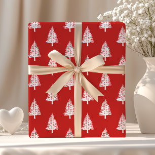 Red and White Pine Trees Christmas Wrapping Paper