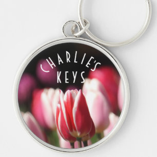 Red and white, Pink Tulips *personalize* Keychain