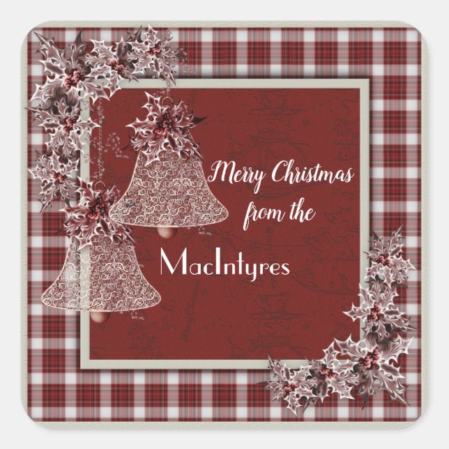 Red and White Plaid Frame and Christmas Bells Square Sticker (Front)