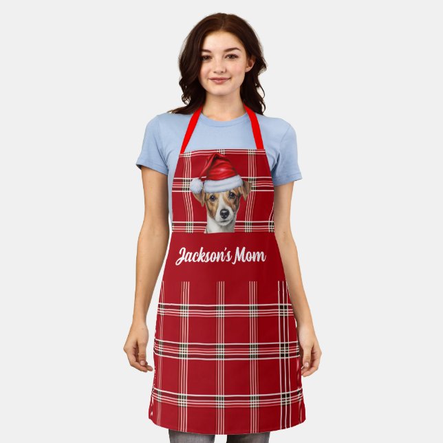 Red and White Plaid Jack Russell Terrier Christmas Apron (Worn)
