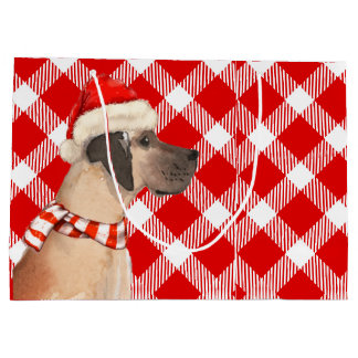 Red and White Plaid with Great Dane Dog Christmas Large Gift Bag