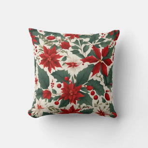 Red and White Poinsettia Flowers and Holly Berries Throw Pillow