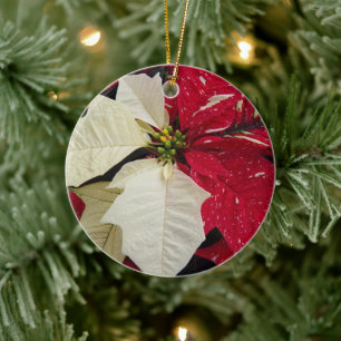 Red and White Poinsettia Holiday Ceramic Ornament