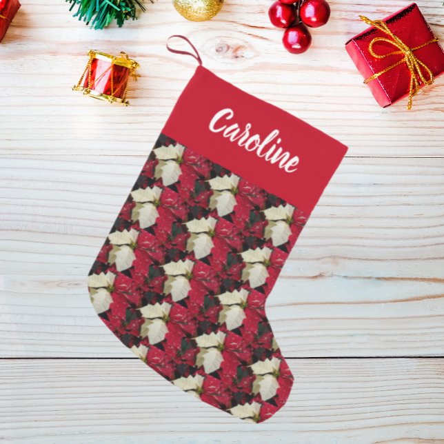 Red and White Poinsettia Pattern with Name Small Christmas Stocking (In Situ)