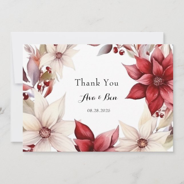 Red and White Poinsettia Wedding Thank You Cards (Front)