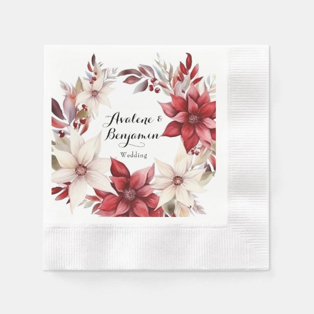 Red and White Poinsettia Wreath Watercolor Wedding Napkin (Front)