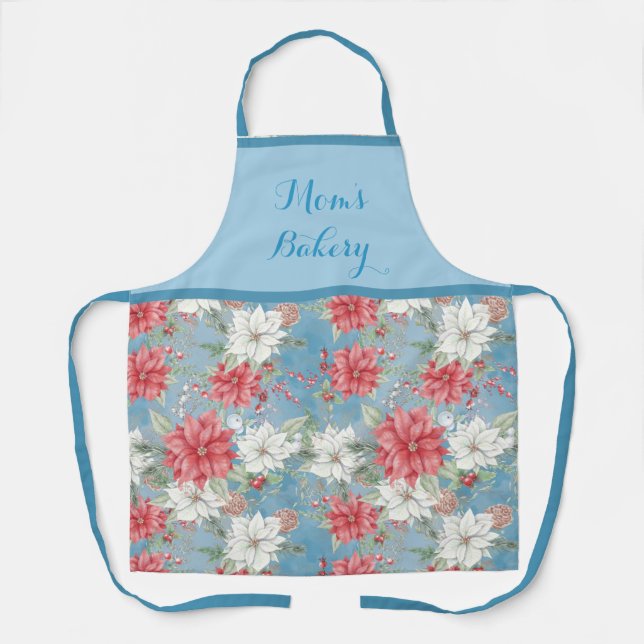 Red and White Poinsettias on Sky Blue-Personalized Apron (Front)