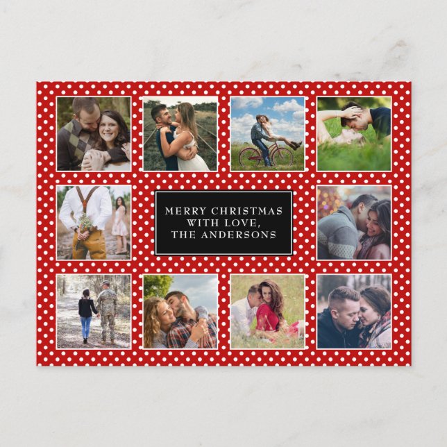 Red and White Polka Dot 10 Photo Collage Christmas Postcard (Front)