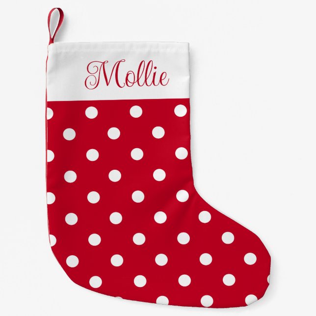 Red And White Polka Dot Custom Name  Small Christmas Stocking (Front)