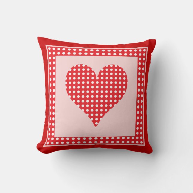 Red and White Polka Dot Heart Pattern Throw Pillow (Front)