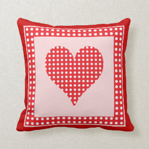 Red and White Polka Dot Heart Pattern Throw Pillow