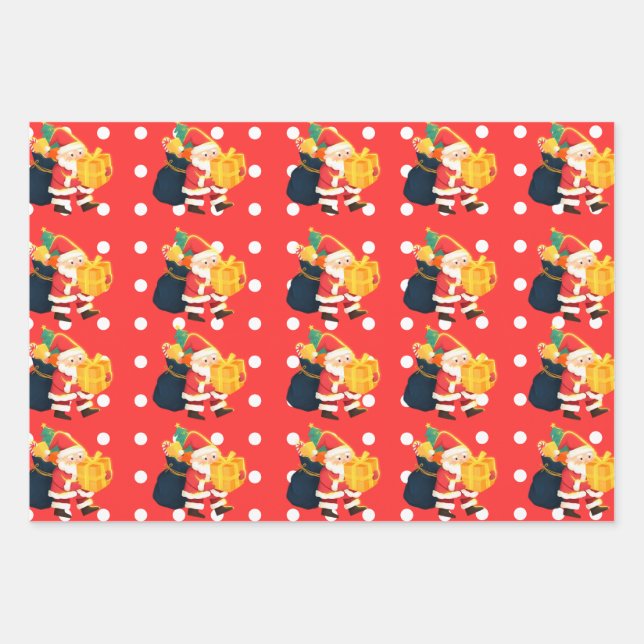 Red and White Polka Dot Holly Jolly Santa Pattern Wrapping Paper Sheet (Front)